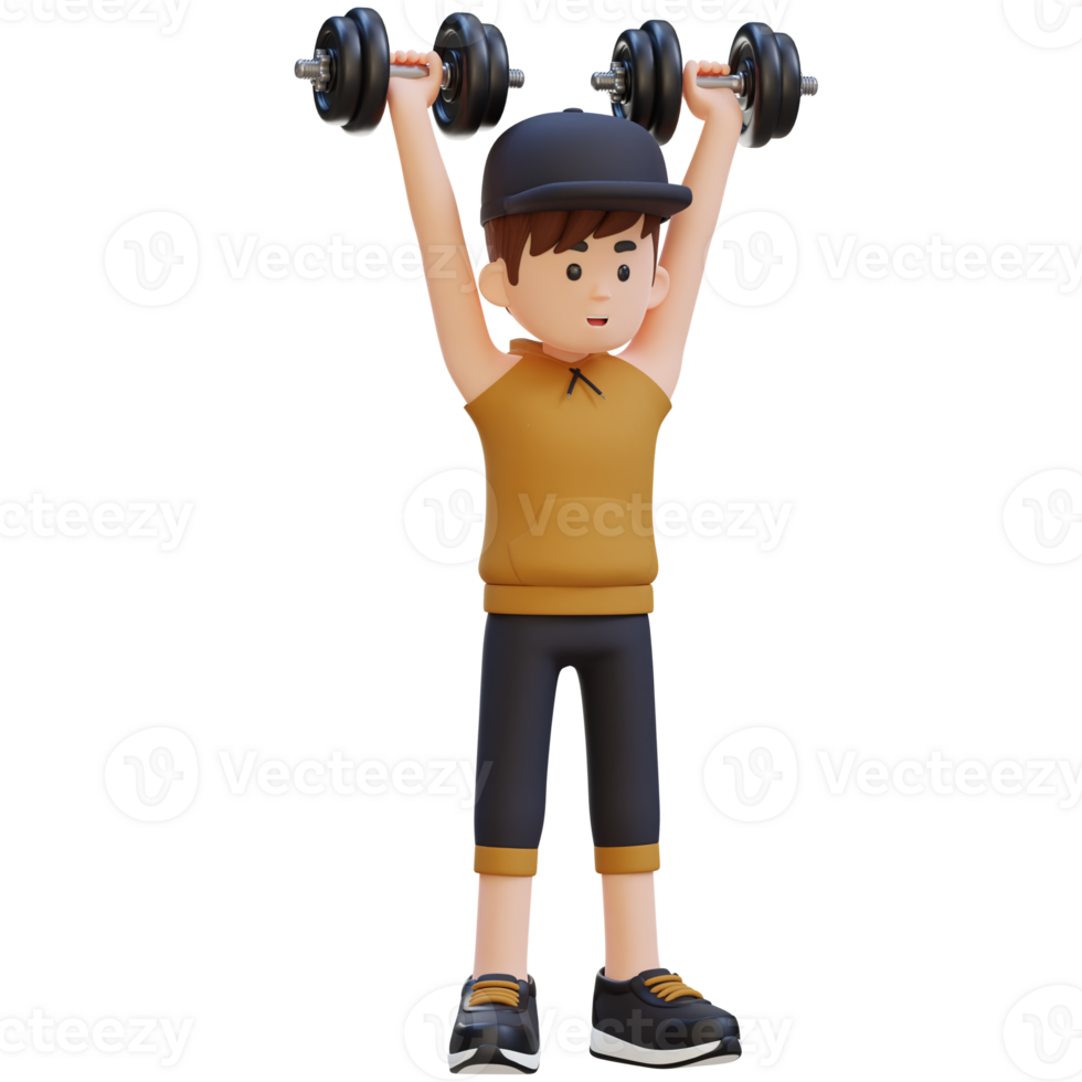 3D Sportsman Character Performing Dumbbell Shoulder Press png