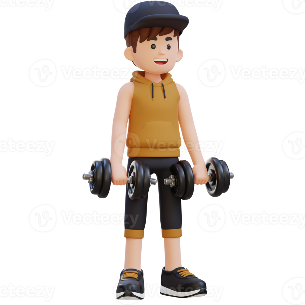 3d deportista personaje ejecutando pesa marcha atrás rizo png