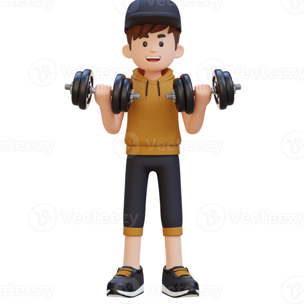 3d sportif personnage performant biceps boucle avec haltère png