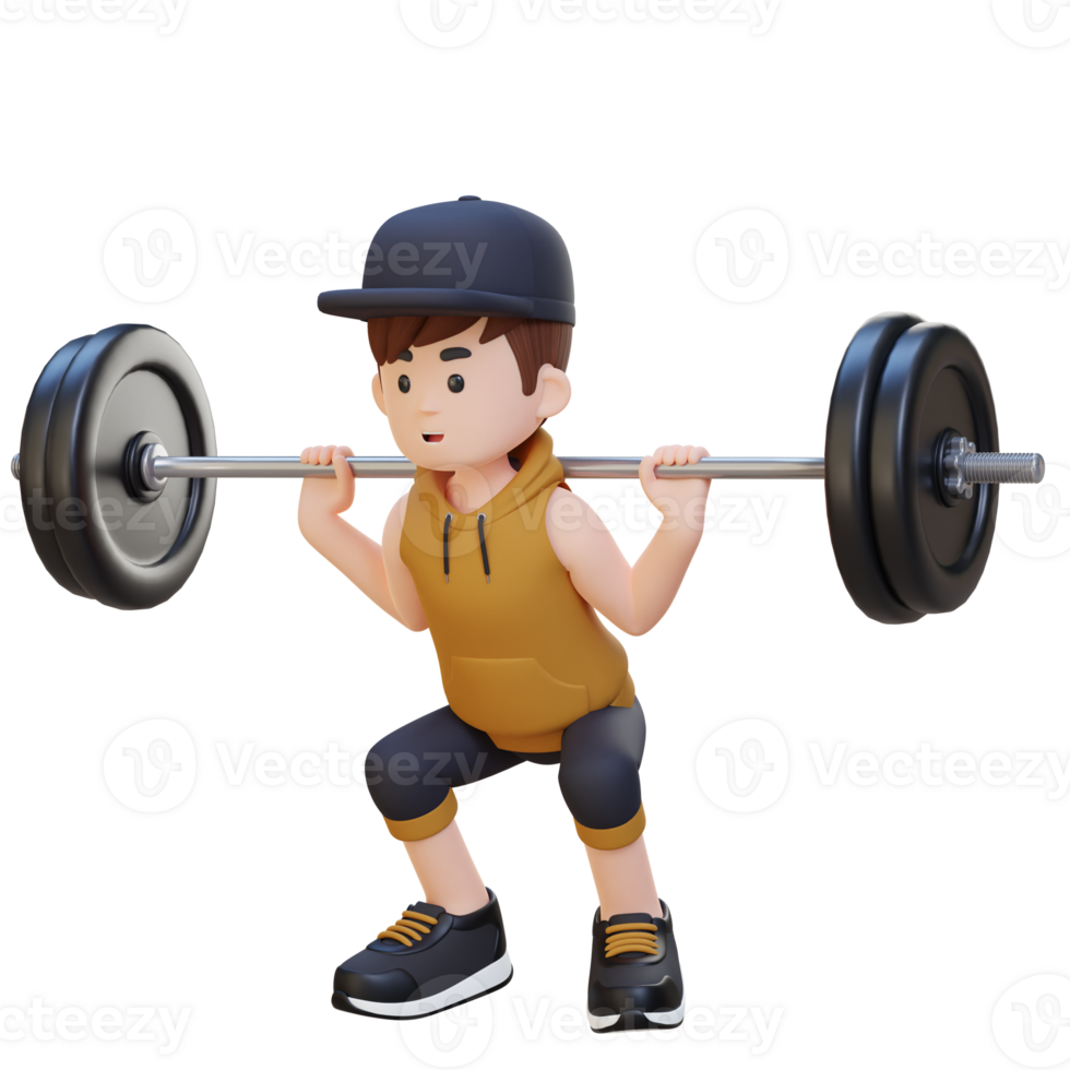 3D Sportsman Character Building Lower Body Strength with Barbell Squat Workout png