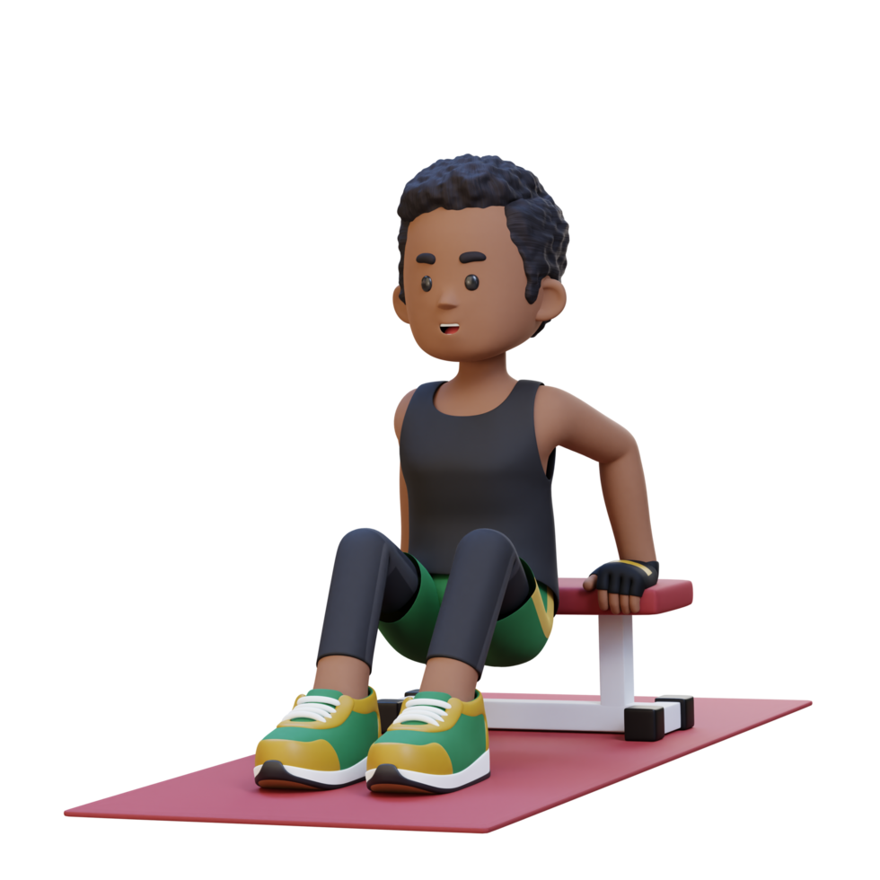 3D Sporty Male Character Building Power with Dips at Gym png