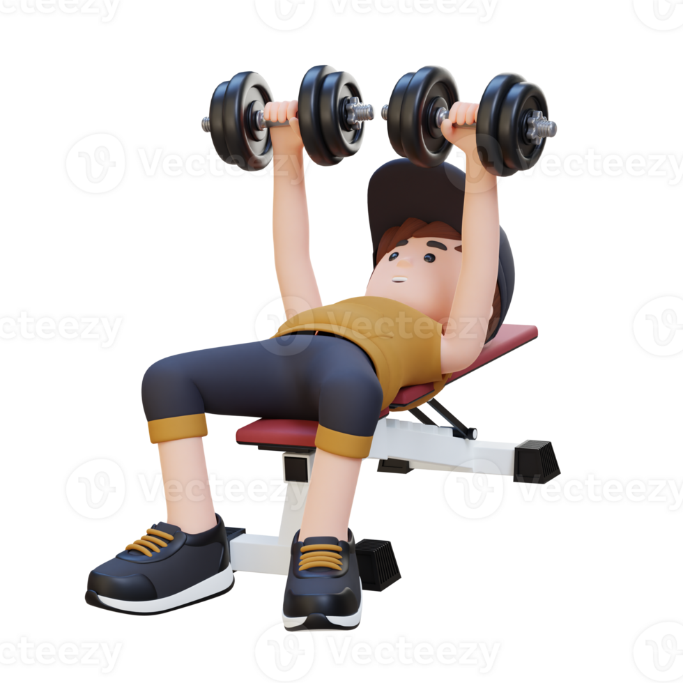 3D Sportsman Character Sculpting Muscular Physique with Dumbbell Bench Press png