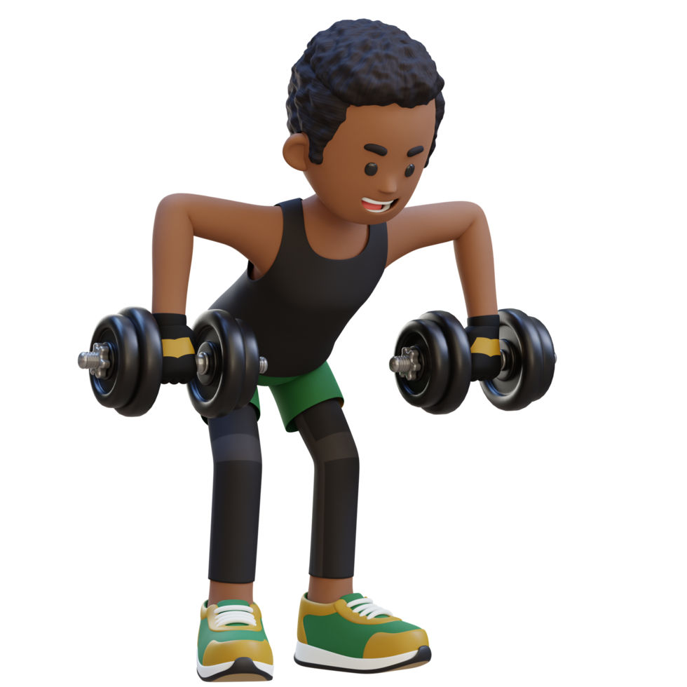 3D Sportsman Character performing Rear Delt Rows with Dumbbells png