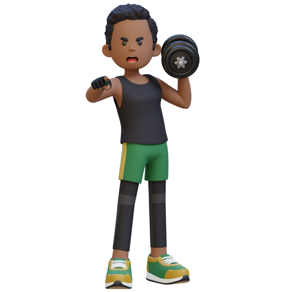 3D Screaming Sportsman Character Engaging Viewers While Holding Dumbbell png