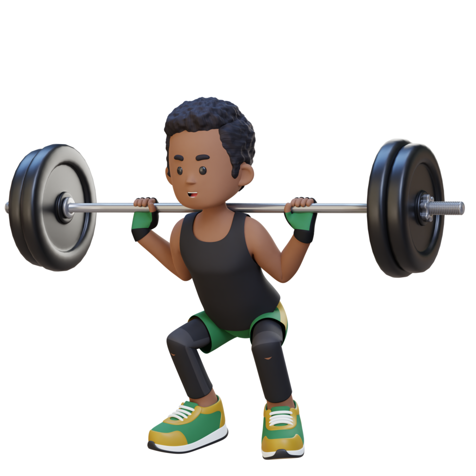 3D Sportsman Character Building Lower Body Strength with Barbell Squat Workout png