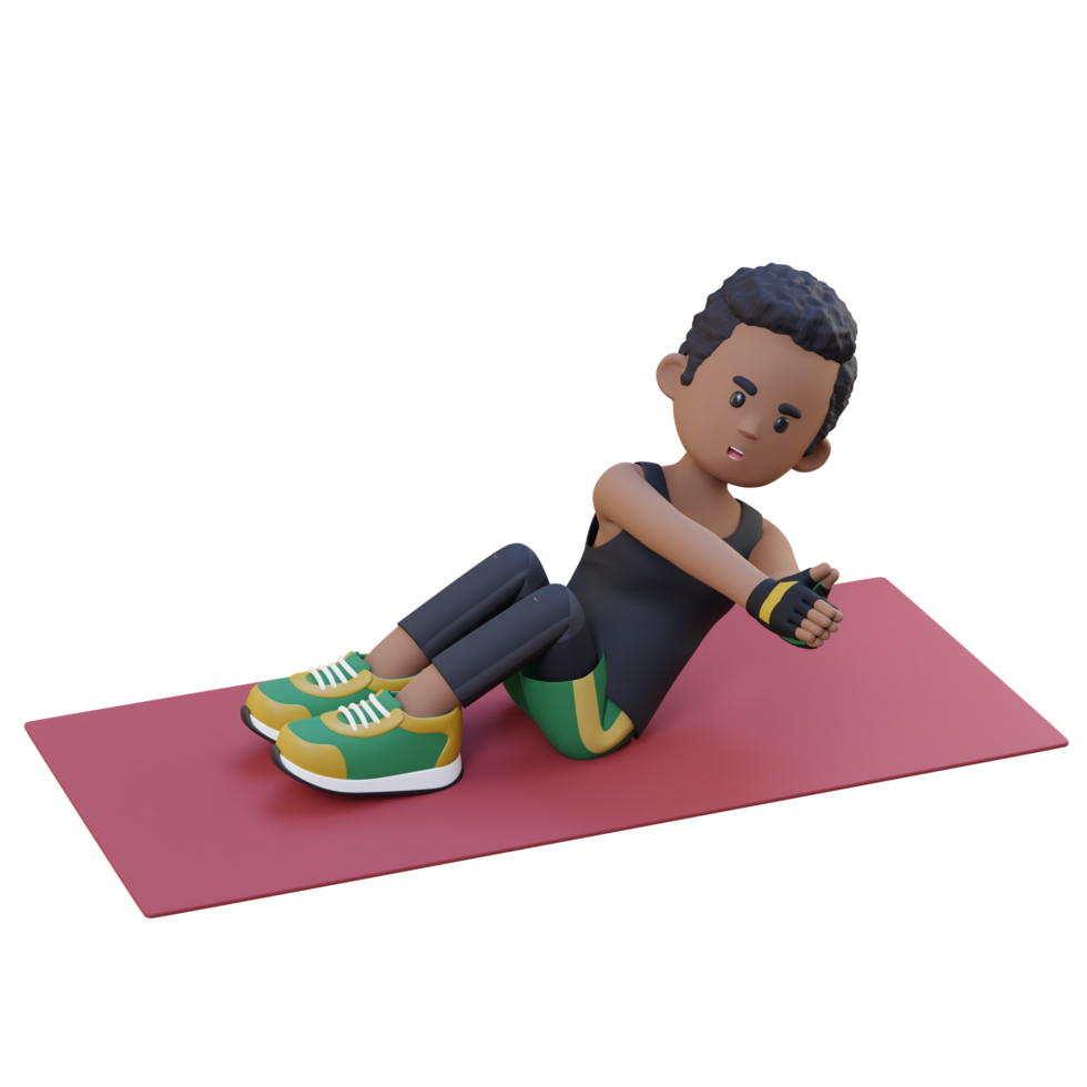 Energetic 3D Sporty Male Character Engaging in Abs Russian Twist Workout at the Gym png