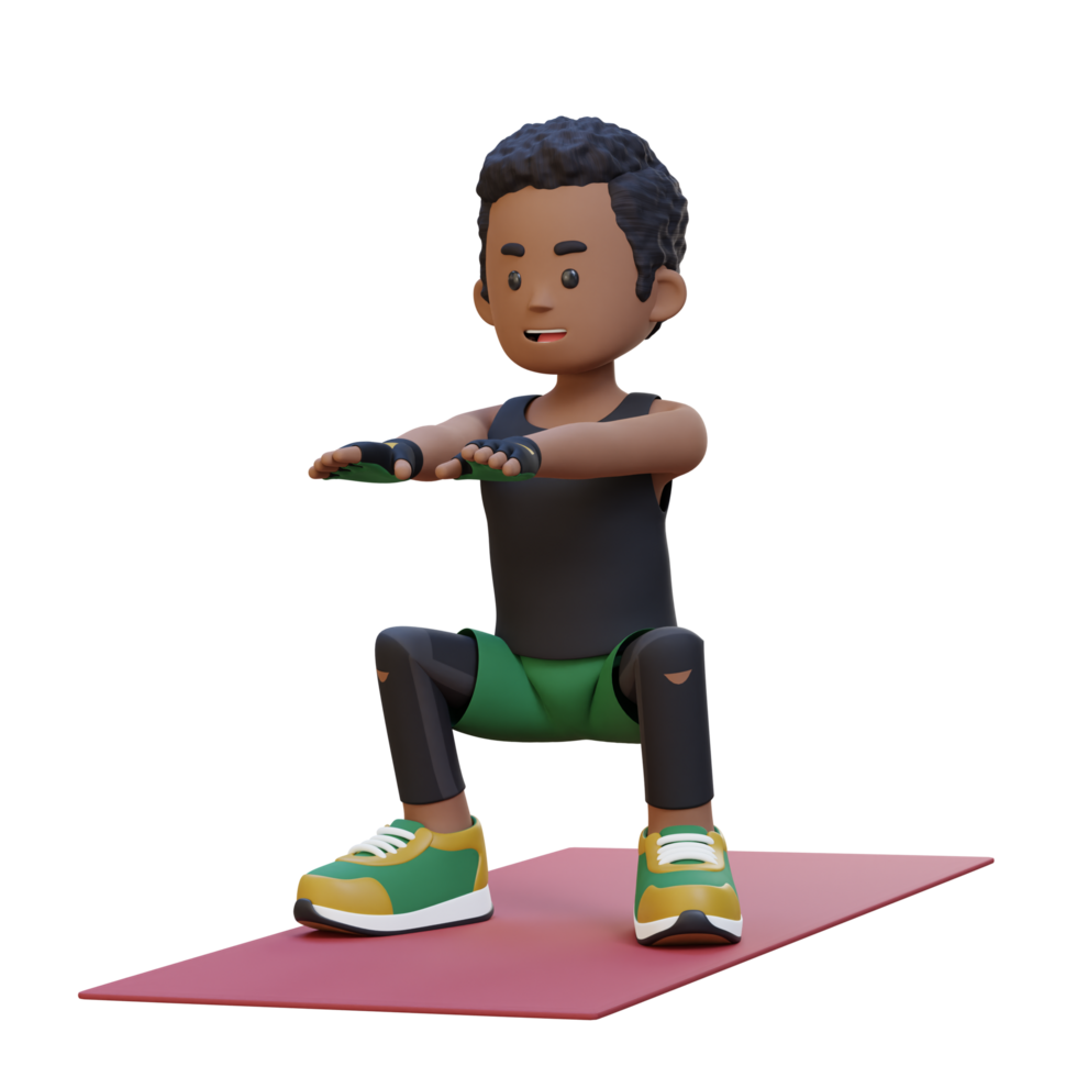 3D Sporty Male Character Mastering Squats in Home Gym png