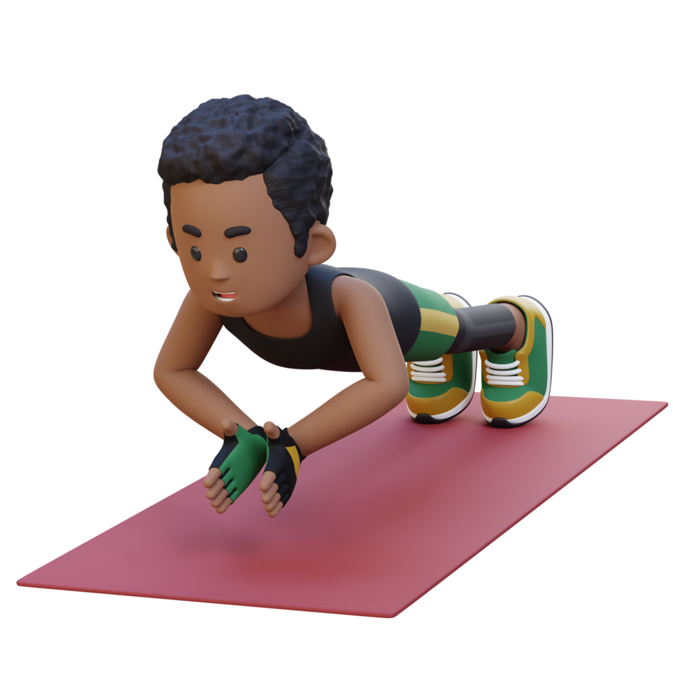 3d desportivo masculino personagem realizando aplaudir empurrar acima exercício às casa Academia png