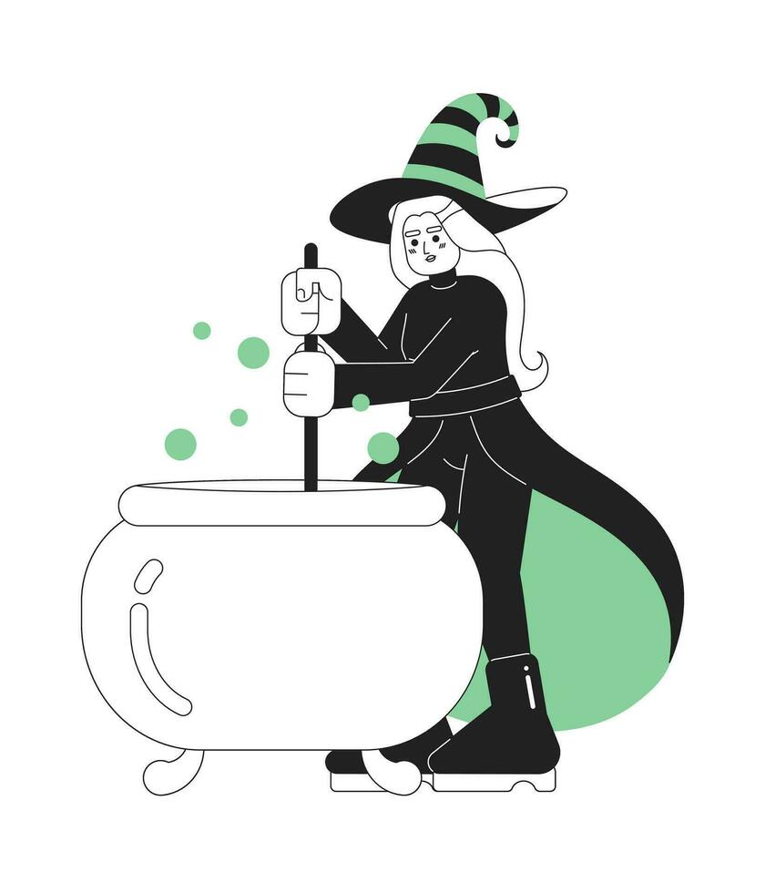 Happy halloween witch monochrome concept vector spot illustration. Wicked witch cauldron 2D flat bw cartoon character for web UI design. Brewing magic potion isolated editable hand drawn hero image