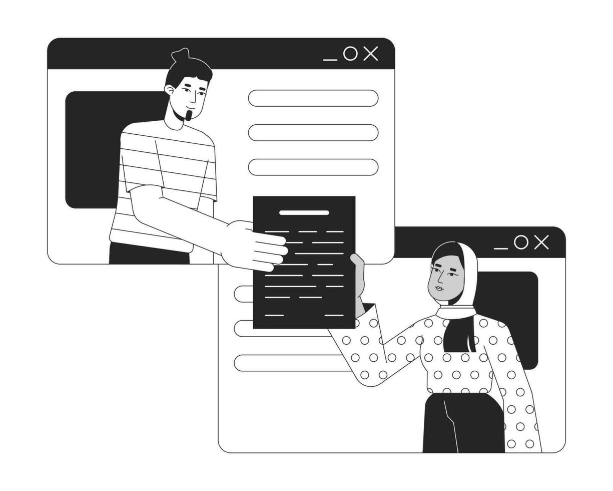 Man hands over document to woman bw concept vector spot illustration. Freelancers in browser window 2D cartoon flat line monochromatic character for web UI design. Editable isolated outline hero image