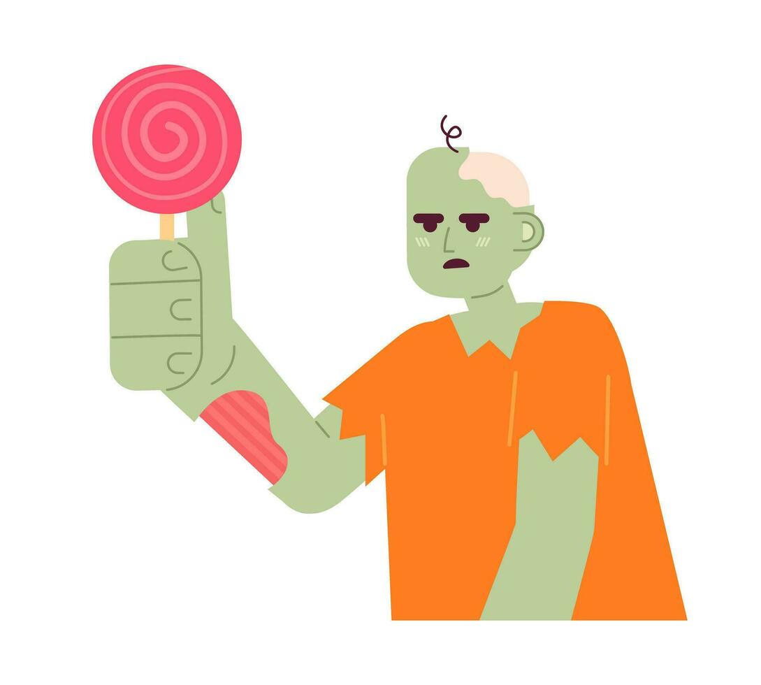Zombie with lollipop semi flat color vector character. Classic halloween monster. Helloween costume. Editable half body person on white. Simple cartoon spot illustration for web graphic design