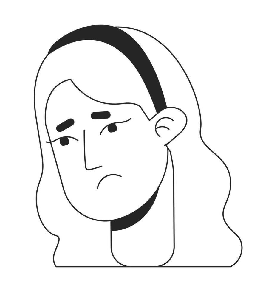 Sad caucasian girl monochrome flat linear character head. Long blonde hair. Editable outline hand drawn human face icon. 2D cartoon spot vector avatar illustration for animation