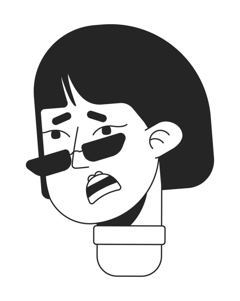 Scared asian woman in sunglasses monochrome flat linear character head. Editable outline hand drawn human face icon. 2D cartoon spot vector avatar illustration for animation