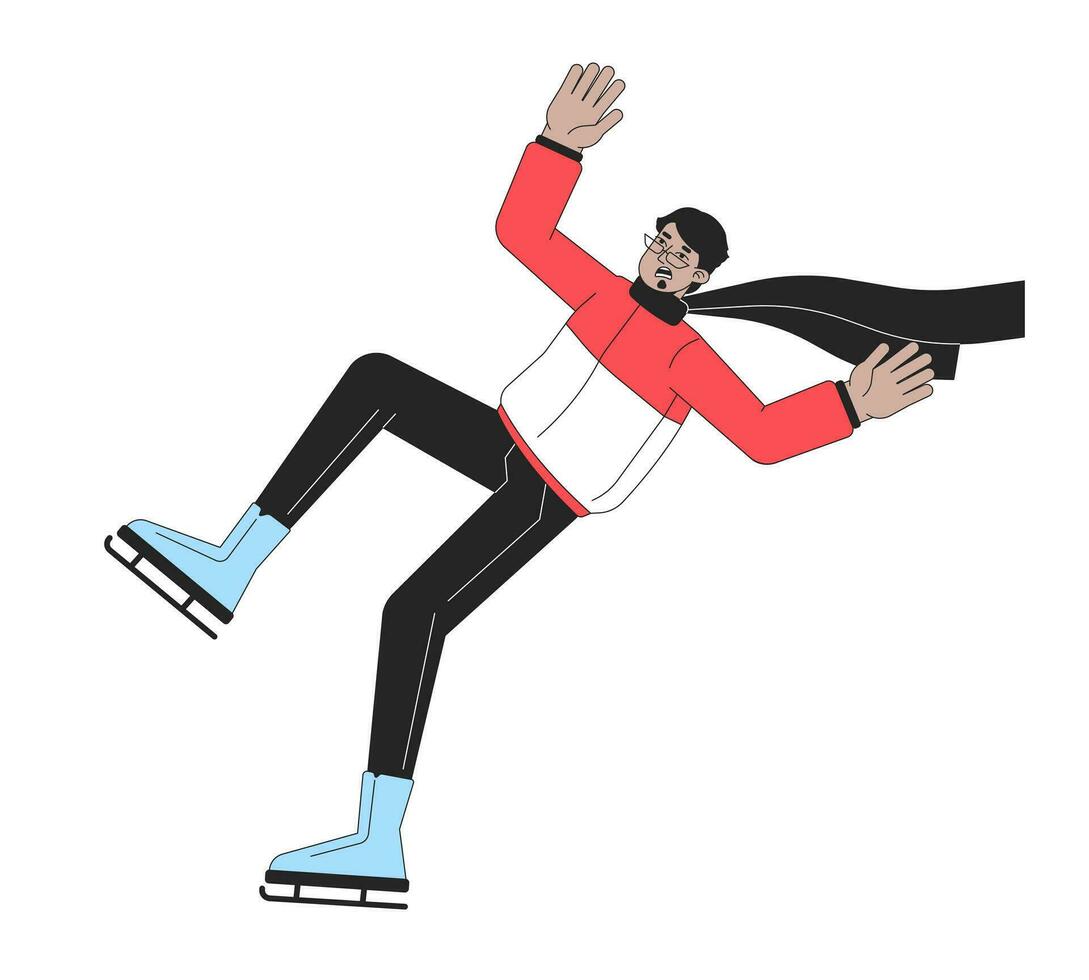 Shocked man on skates falls flat line color vector character. Editable outline full body man danger of falling. Winter sport simple cartoon isolated spot illustration for web graphic design
