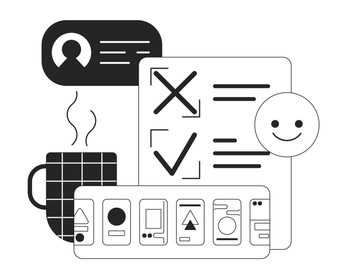 Freelance work bw concept vector spot illustration. Online communication 2D cartoon outline objects on white for web UI design. Editable isolated outline hero image