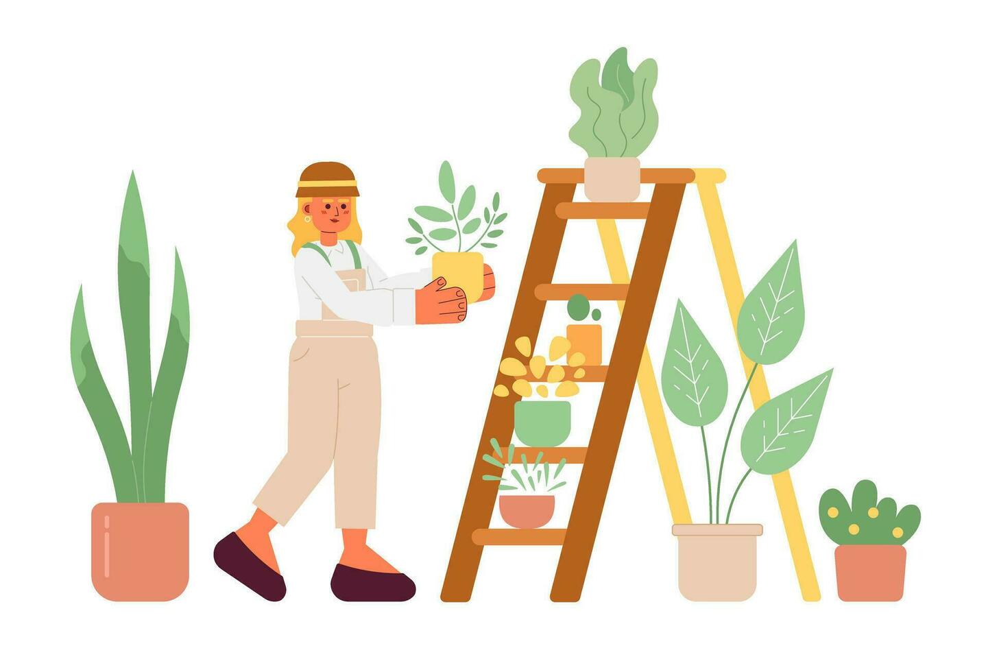 Blonde woman takes care of plants 2D vector isolated spot illustration. Hobby flat girl put flower pot on ladder on white background. Colorful editable scene