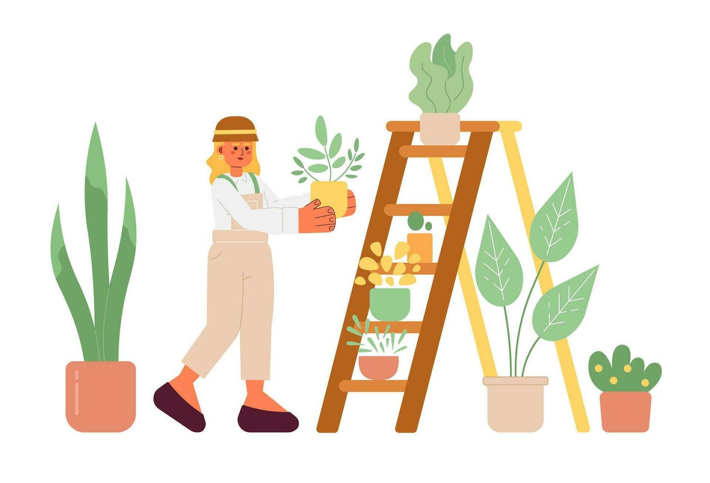 rubia mujer toma cuidado de plantas 2d vector aislado Mancha ilustración. pasatiempo plano niña poner flor maceta en escalera en blanco antecedentes. vistoso editable escena