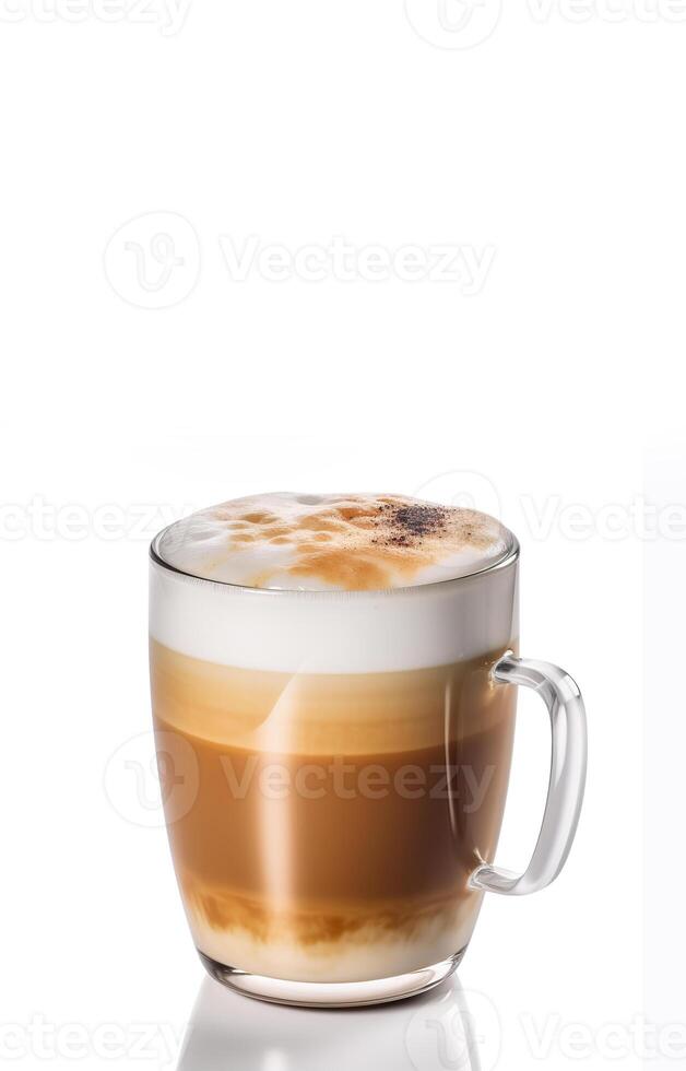 un vaso de latté en un blanco antecedentes. vertical formato para cuentos con espacio para texto. foto