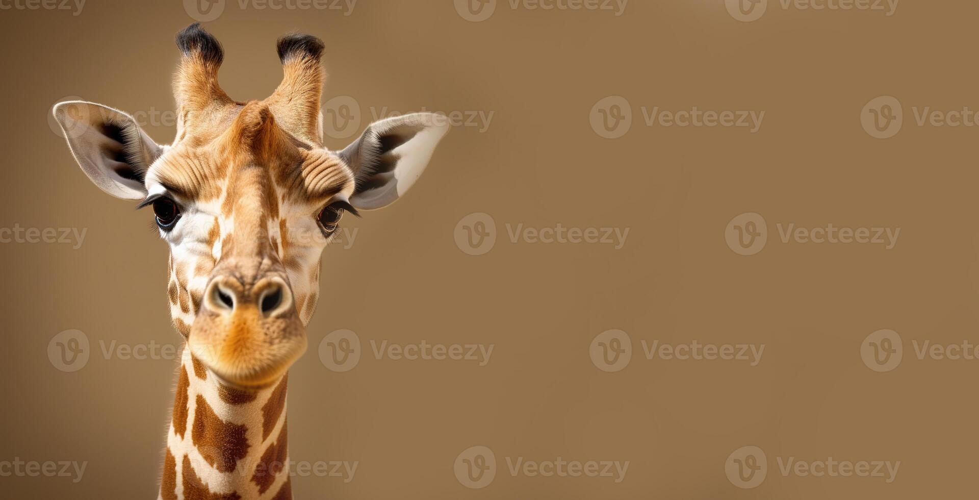 Rothschild giraffe portrait on brown background with place for text. Generative AI photo