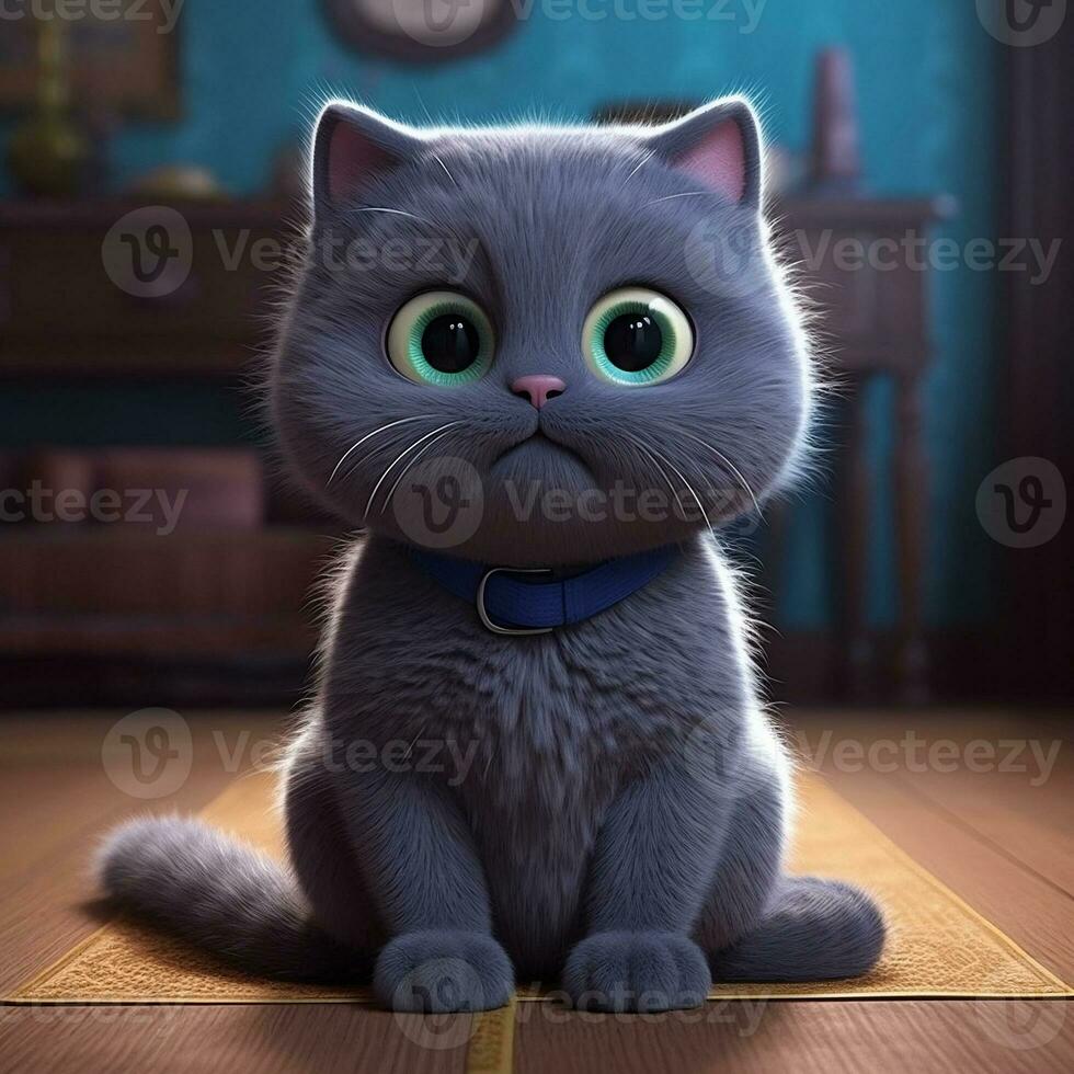 Cute gray cartoon kitten with big eyes. AI Generative photo