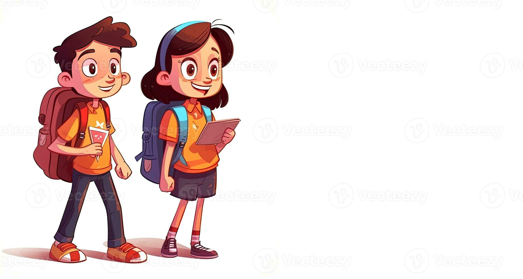 alegre chico y muchacha. Niños de escuela con mochilas Vamos a colegio en un blanco antecedentes. ilustración en dibujos animados estilo. dos linda niños. . ai generado foto