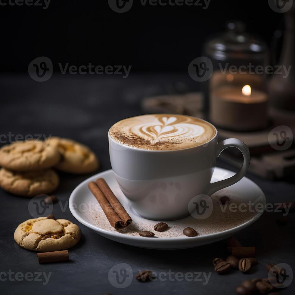 A cup of coffee with milk and biscuits. Romantic background with
