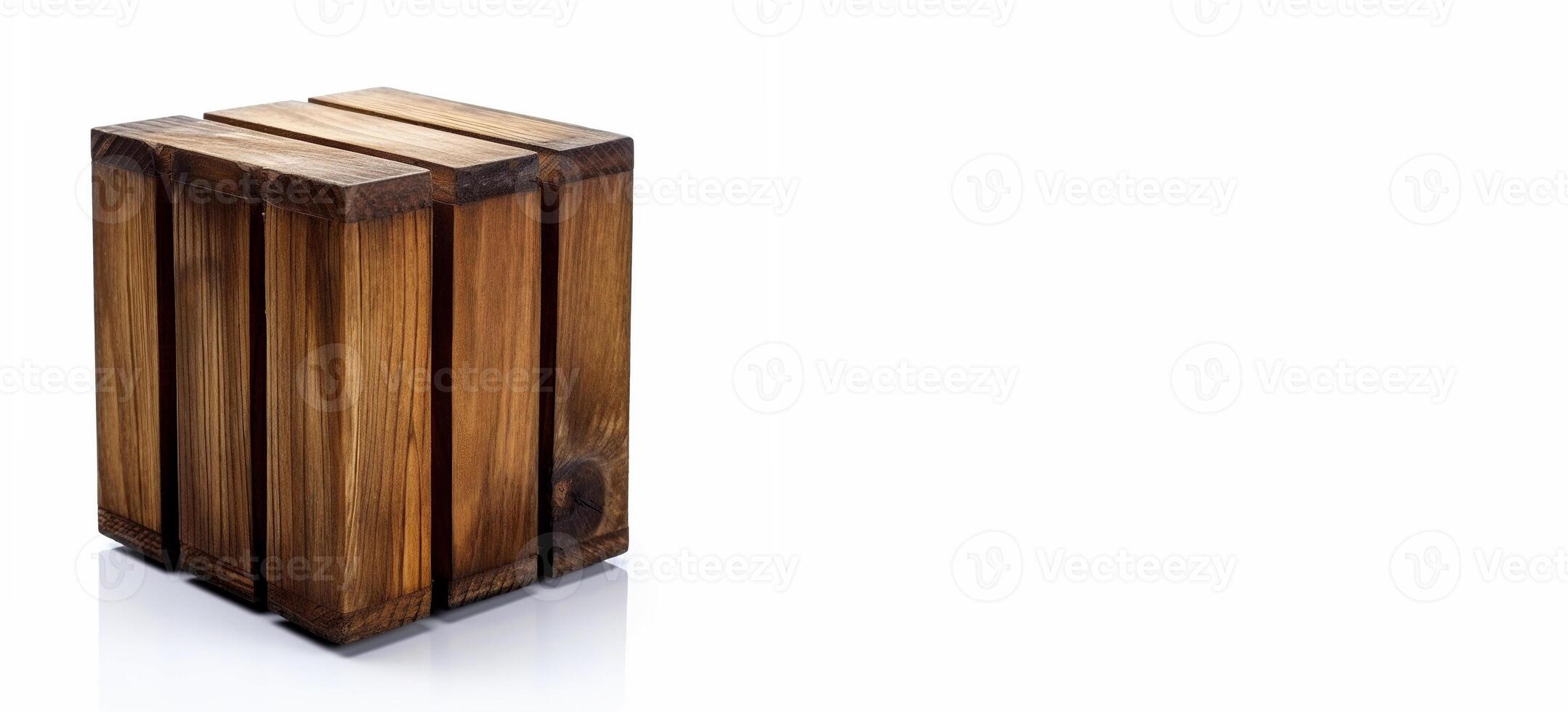 Stylish wooden container on a white background with copy space. Side views of isolated handmade wood box. Multi purpose wooden cube. photo
