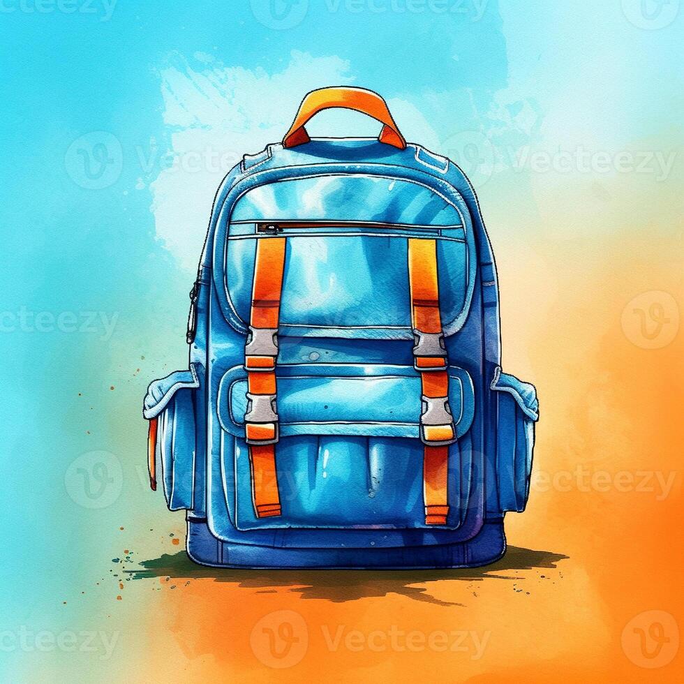 para niños colegio cartera, azul maletín para adolescentes. mochila para senderismo. estudiantes maletín acuarela en cielo antecedentes. ilustración. ai generado foto