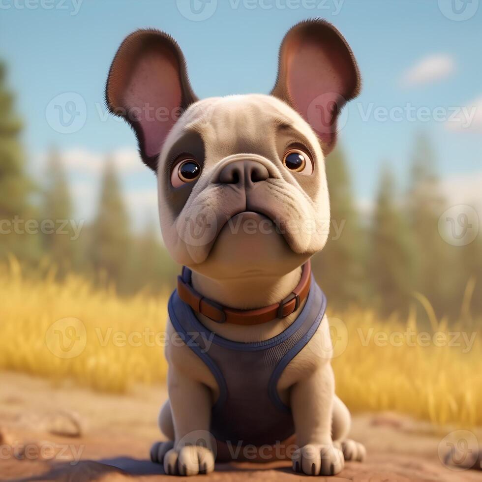 Cartoon French bulldog puppy on a blurred background of nature. AI Generative photo