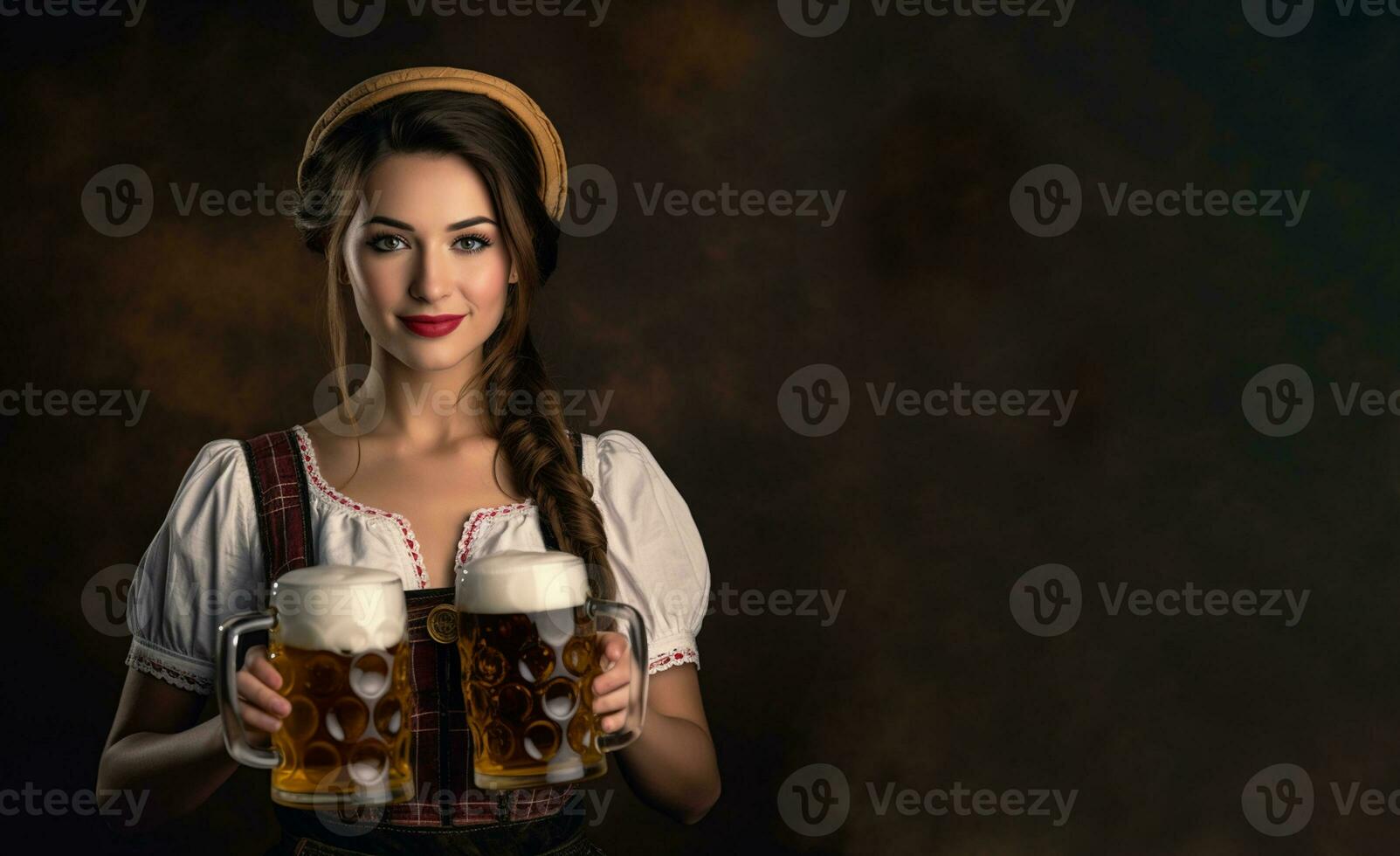 Beautiful waitress wearing traditional dirndl and hold beer mugs isolated on dark brown. Generative AI photo