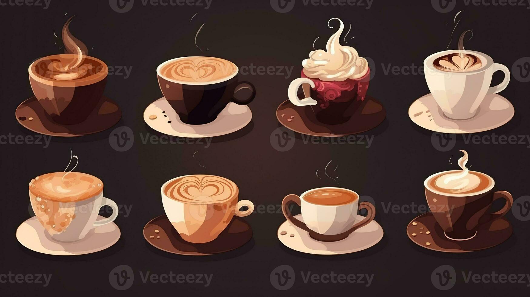 Collection of dessert coffee drinks isolated on black background. AI generated photo