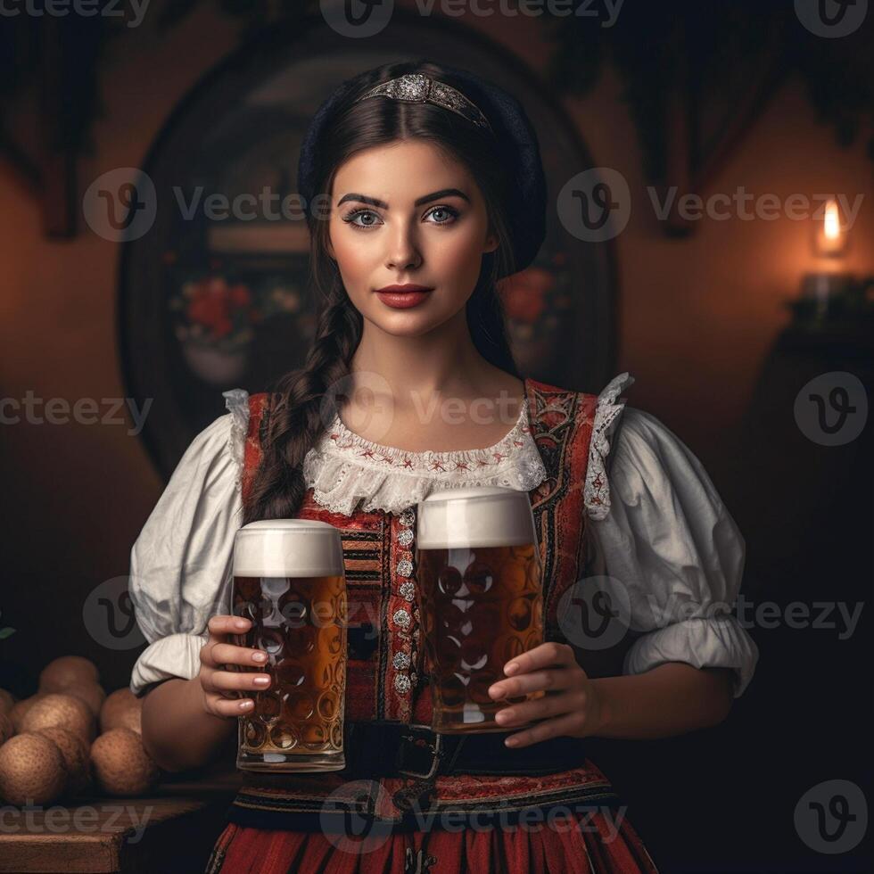Beautiful waitress girl with glasses of beer against the background of a blurry tavern. photo