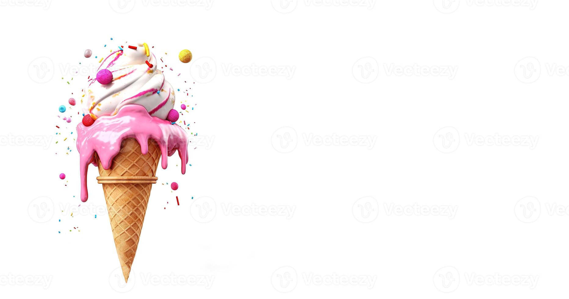Ice cream in a waffle cone on a white background with space for text. photo