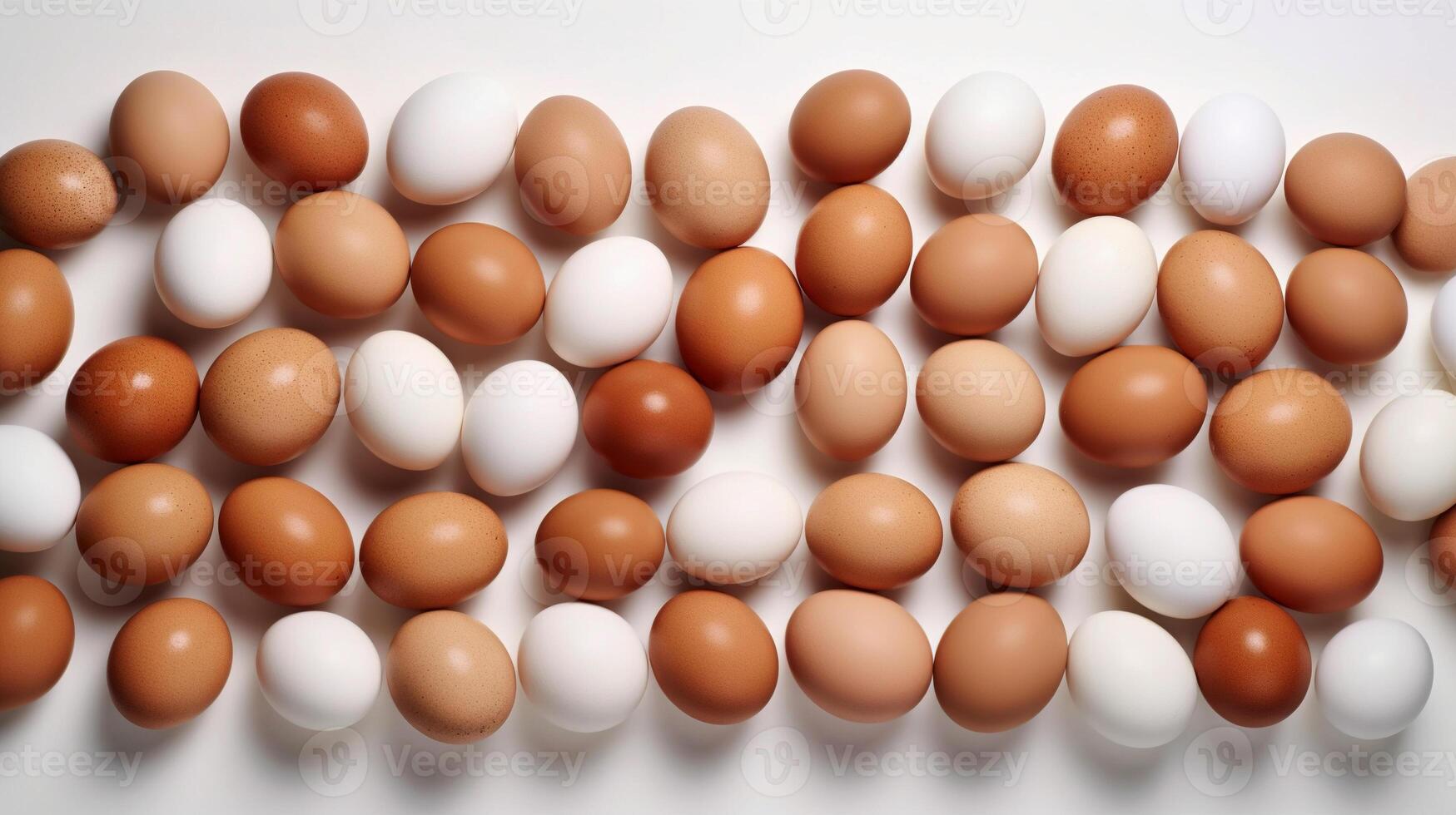 Eggs on white floor top view. Eggs pattern. White and brown chicken eggs. To advertise the incubator, the concept of future chickens. photo