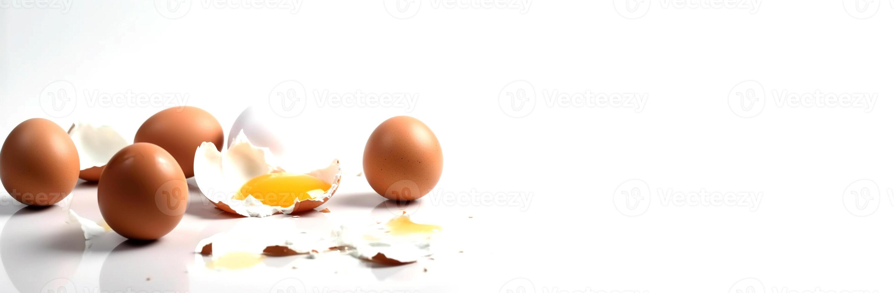 Broken eggs. Fallen eggs on a white surface with space for inscription. Composition of eggs. Reflection on a glossy surface. AI generated photo