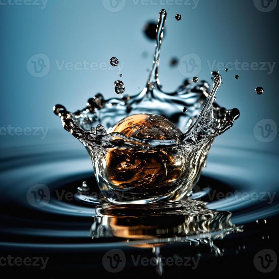 Oil drop falling into the water close-up on a blue blurred background. photo