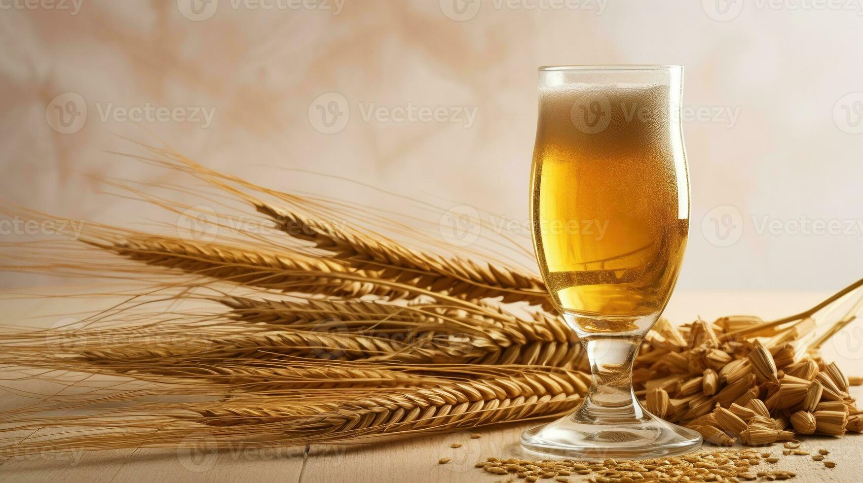 A glass of beer against the background of ears of wheat. AI Generated photo