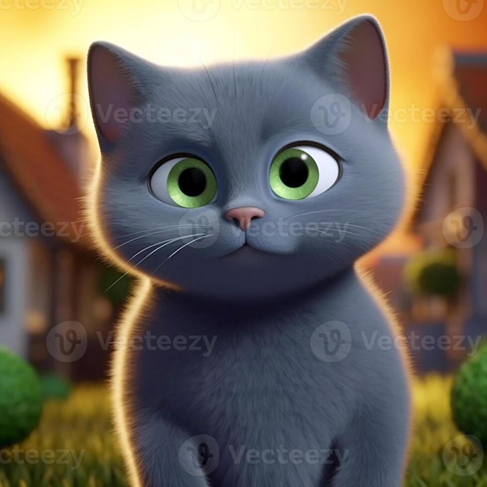 dibujos animados gris gatito en contra el antecedentes de un borroso calle. un británico gato con grande verde ojos. ai generativo foto