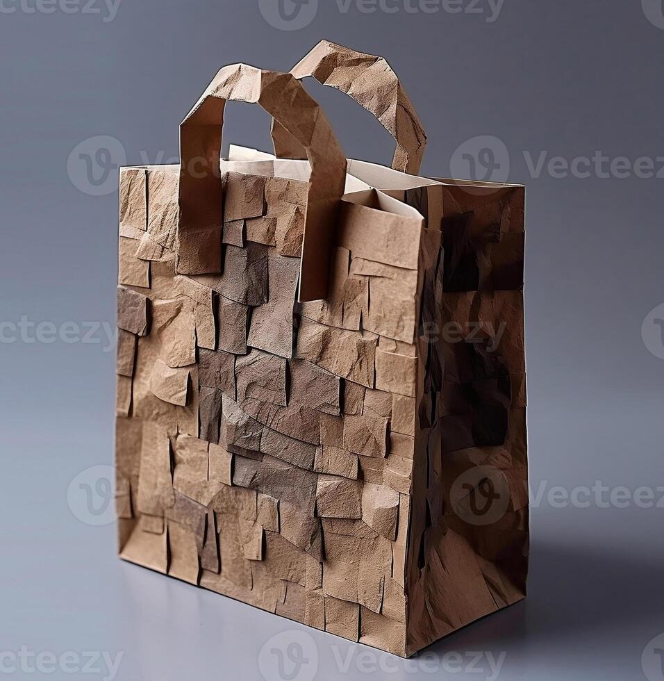 Craft shopper on a gray background. Shopping bag made from recycled paper. photo