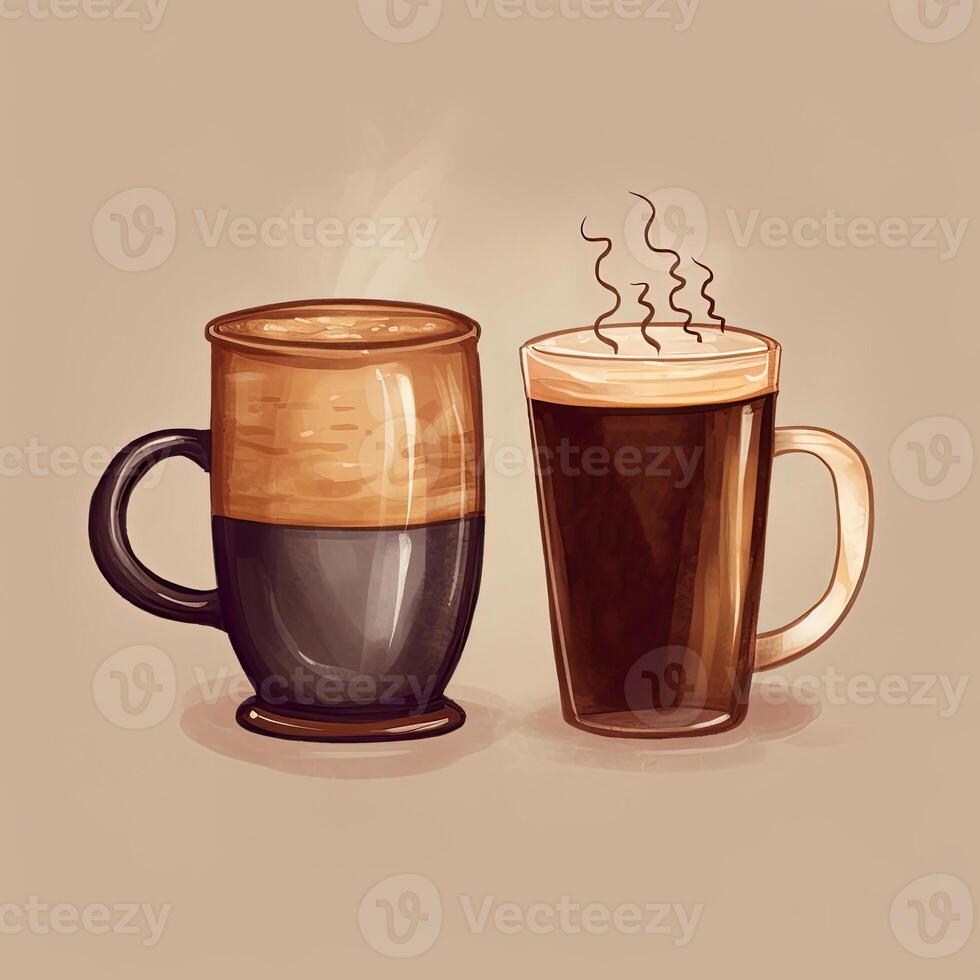 Coffee and tea watercolor illustration. Two cups of hot drinks on a beige background. photo