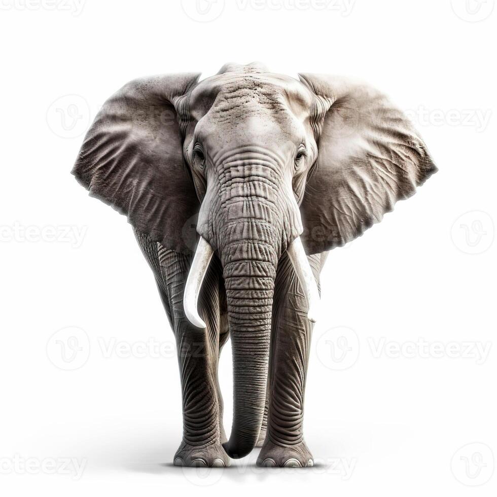 Studio portrait of an elephant on a white background with a strong plan. A large wild animal. Generative AI photo