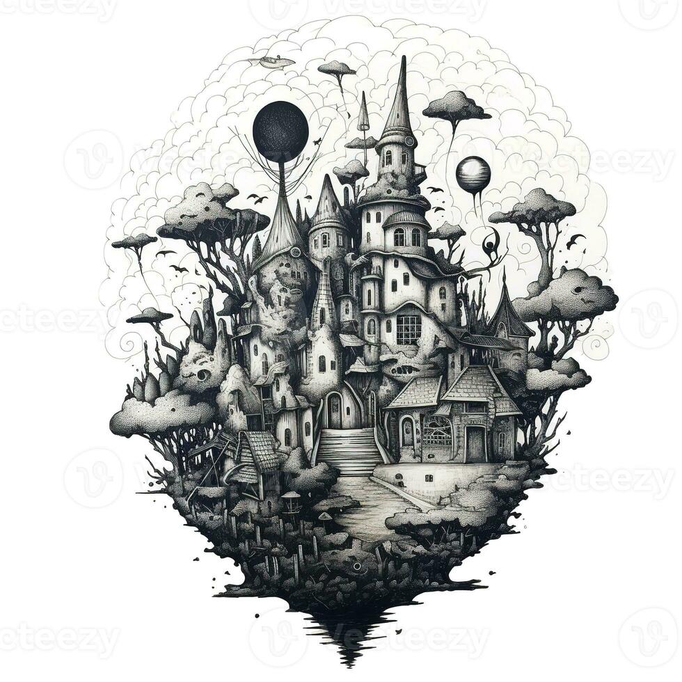 Wonderland. Hand drawing doodles with black pen. Floating islandin a surrealist style with a pencil sketch. Generative AI photo