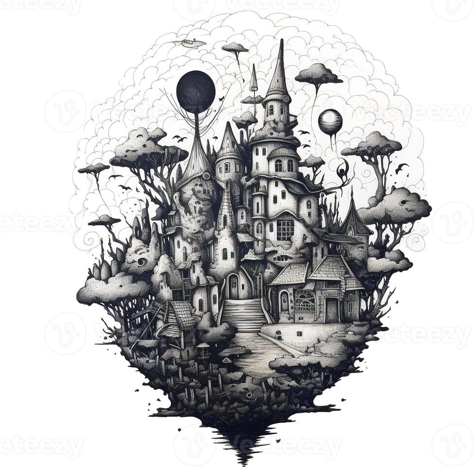 Wonderland. Hand drawing doodles with black pen. Floating islandin a surrealist style with a pencil sketch. photo