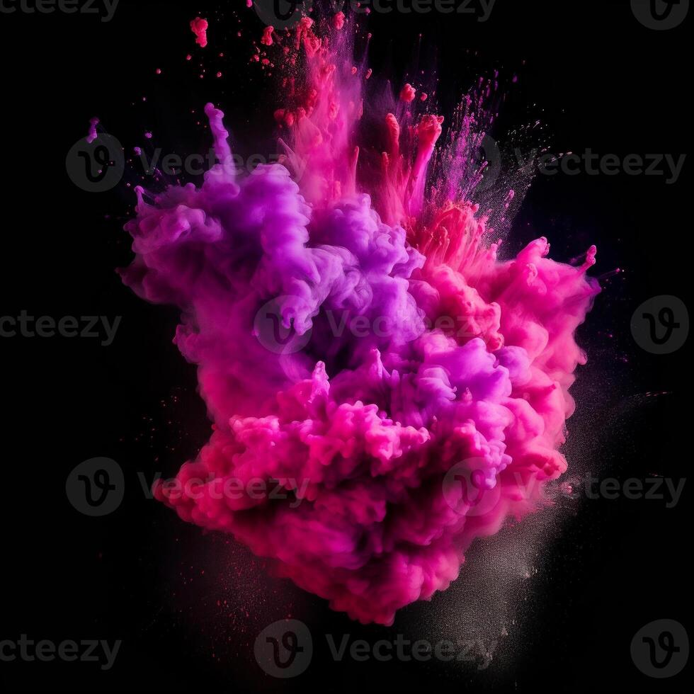 An explosion of pink, purple and powder on a black background. An exciting moment of powder explosion. photo