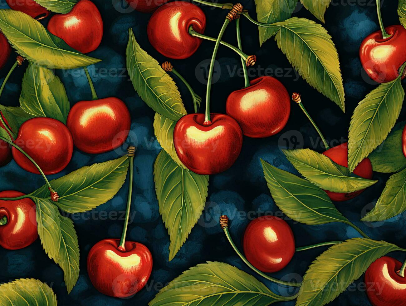 Ripe cherries with leaf on blye background. Cherry Pattern. Watercolor illustration. AI generated photo