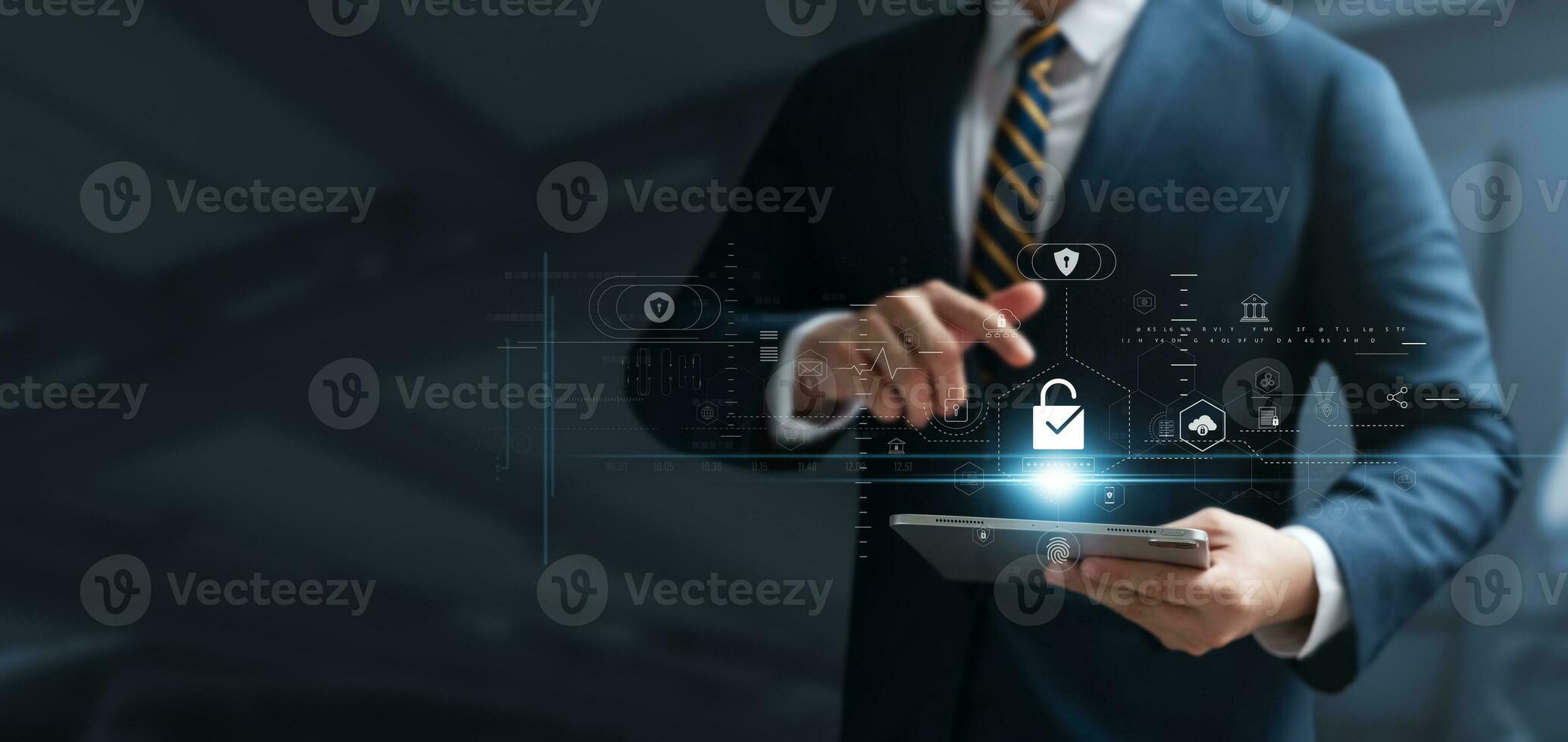 Cyber security and data protection, businessman use secure tablet encryption technology, protect business and financial transaction data from cyber attacks, intelligent protection digital attacks. photo
