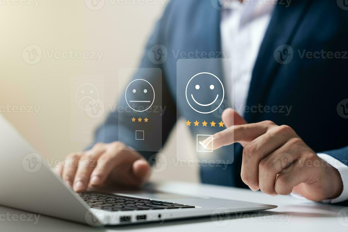 User give rating to service experience on online application, Customer review satisfaction feedback survey concept, Customer can evaluate quality of service leading to reputation ranking of business. photo