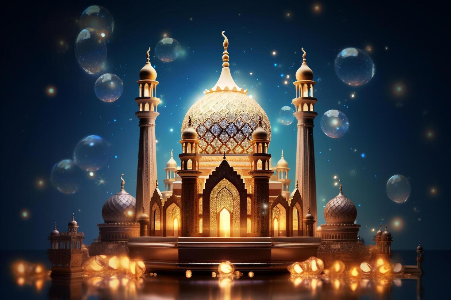 Eid Mubarak royal elegant lamp with mosque, an illustration of a mosque, photo