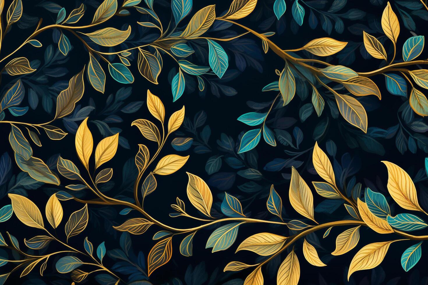 Dark blue, green and golden leaves on a dark blue background, pattern design, photo