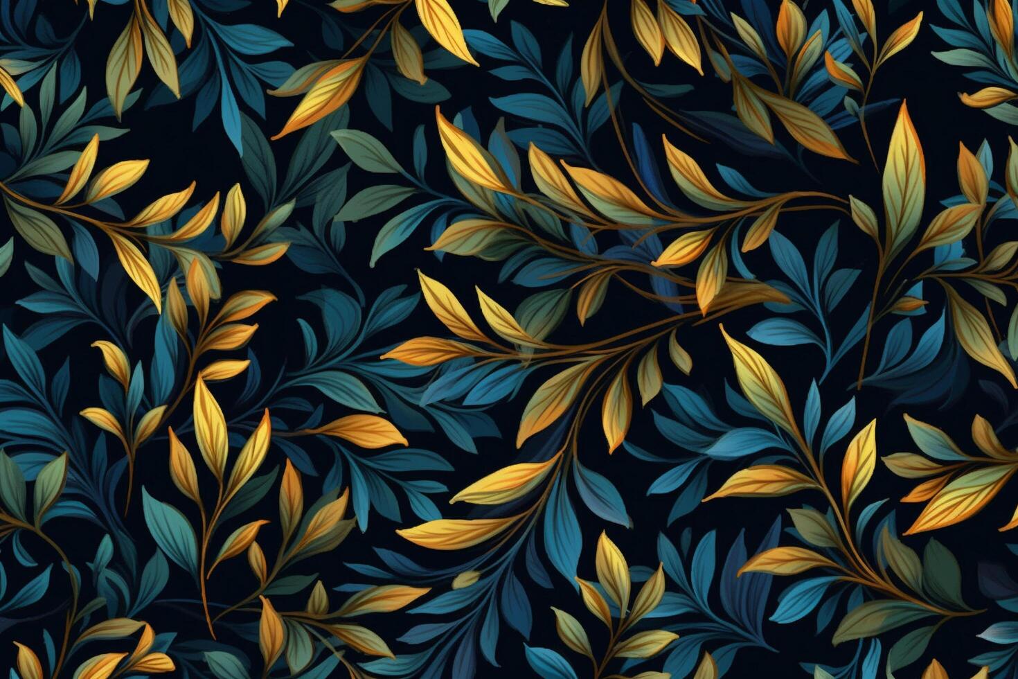 Dark blue, green and golden leaves on a dark blue background, pattern design, photo